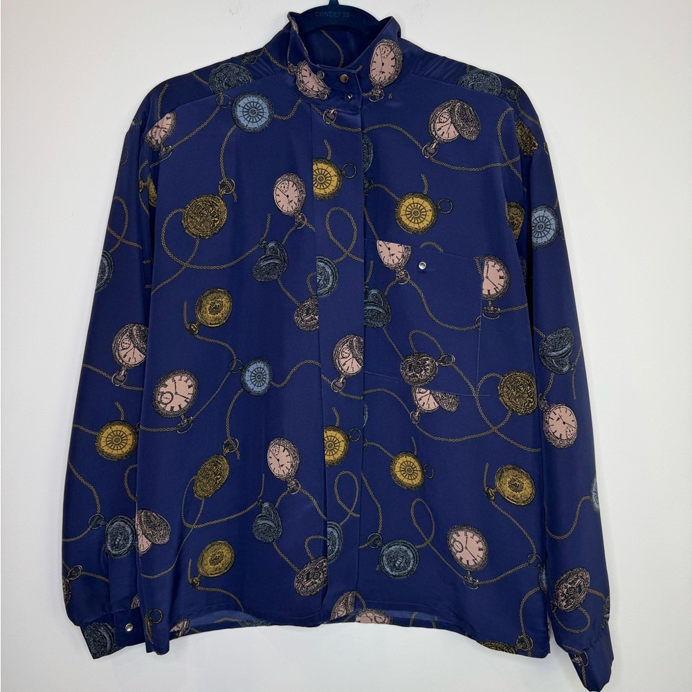 Vintage purple Button-Up Shirt with Clock Pattern novelty size 12 artsy quirky - Picture 2 of 11